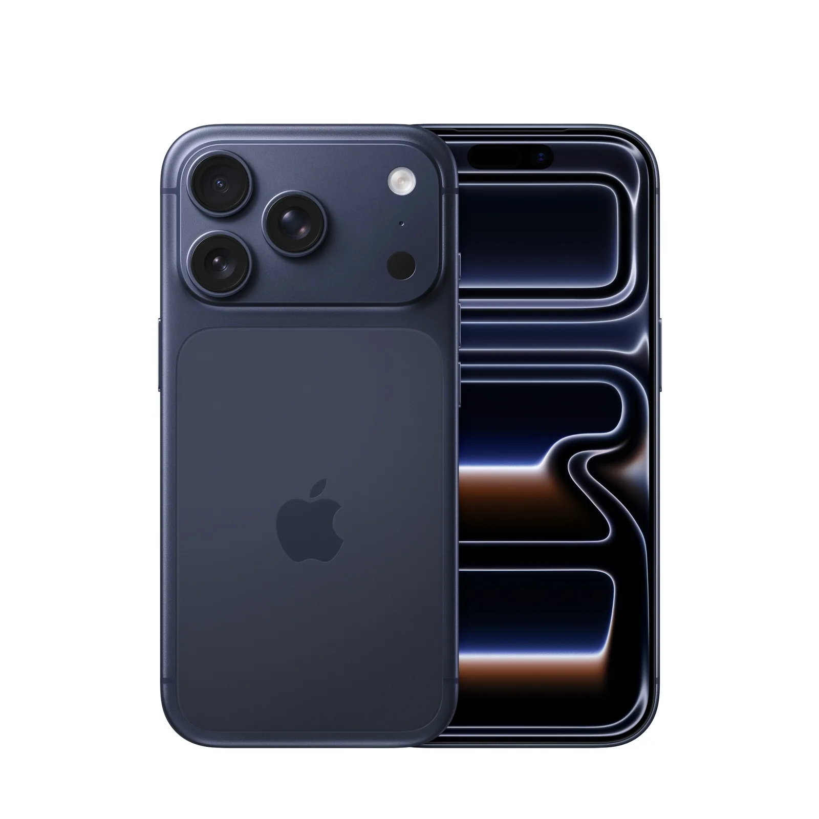 iPhone 17 Pro 1TB Azul Profundo, vista frontal y trasera sobre fondo blanco